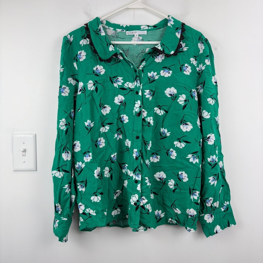 Cleo Green Floral Button-Up Blouse Peter Pan Collar Cottagecore Feminine Chic - Picture 2 of 10